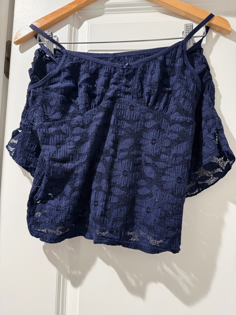 Navy Lace Off-Shoulder Sleepwear with matching bottom shorts